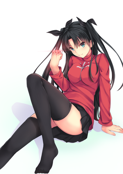 Anime picture 885x1254 with fate (series) fate/stay night type-moon toosaka rin karakura0 single long hair tall image looking at viewer blue eyes black hair white background girl thighhighs skirt bow black thighhighs hair bow sweater