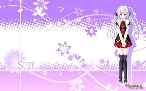 Anime picture 2560x1600 with maikaze no melt suzu (suzukaze no melt) tenmaso single long hair highres red eyes wide image twintails game cg white hair pointy ears girl thighhighs black thighhighs serafuku