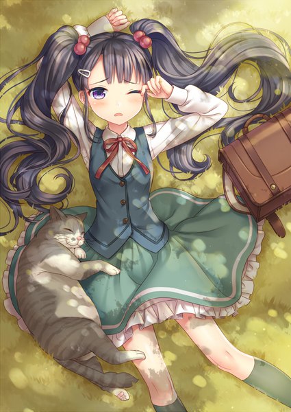 Anime picture 644x910 with original otosume ruiko single long hair tall image looking at viewer blush black hair purple eyes twintails one eye closed loli girl dress animal cat backpack