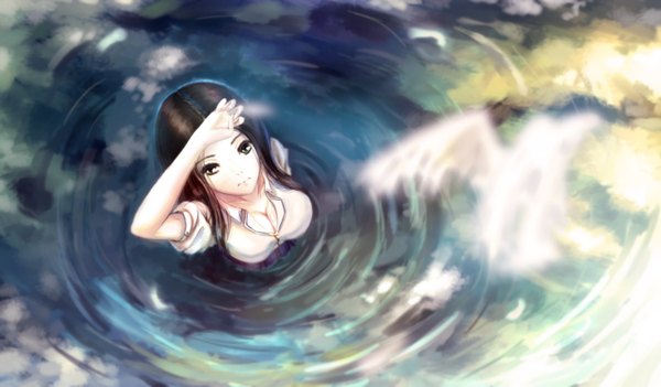 Anime picture 1500x879 with original kikivi single long hair looking at viewer breasts black hair wide image large breasts brown eyes cleavage from above blurry partially submerged hand on head open collar girl animal shirt water