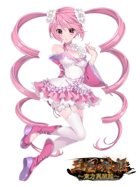 Anime picture 1920x2560 with original takamiya ren single tall image looking at viewer highres simple background white background twintails pink hair very long hair pink eyes drill hair girl thighhighs dress white thighhighs boots