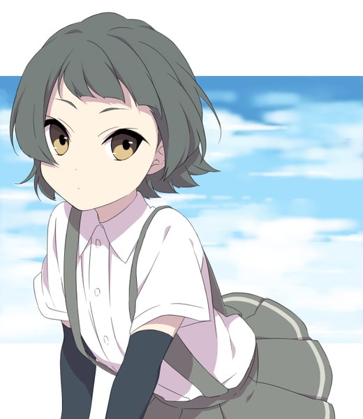 Anime picture 1300x1500 with kantai collection arare destroyer sekina single tall image fringe short hair black hair brown eyes looking away sky cloud (clouds) wind girl uniform school uniform detached sleeves