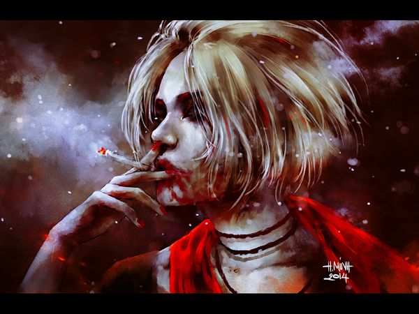 Anime picture 1200x900 with original nanfe single looking at viewer blush short hair blonde hair signed nail polish profile lipstick portrait letterboxed smoke pale skin red lipstick smoking red nail polish girl cigarette