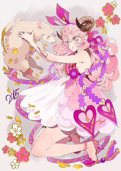 Anime picture 636x900 with original gin shari dobin single long hair tall image blush open mouth simple background bare shoulders pink hair pink eyes horn (horns) pointy ears 2015 sheep girl girl dress hair ornament flower (flowers) animal