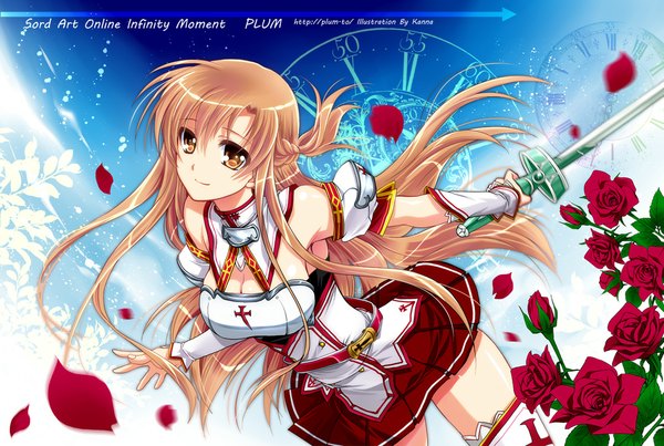 Anime picture 1024x689 with sword art online a-1 pictures yuuki asuna kanna (plum) single long hair brown hair brown eyes girl skirt flower (flowers) weapon detached sleeves miniskirt petals sword