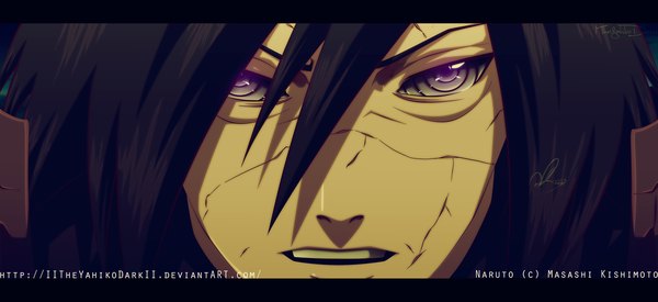 Anime picture 1600x735 with naruto studio pierrot naruto (series) uchiha madara iitheyahikodarkii single long hair open mouth black hair wide image purple eyes coloring letterboxed close-up face rinnegan boy armor