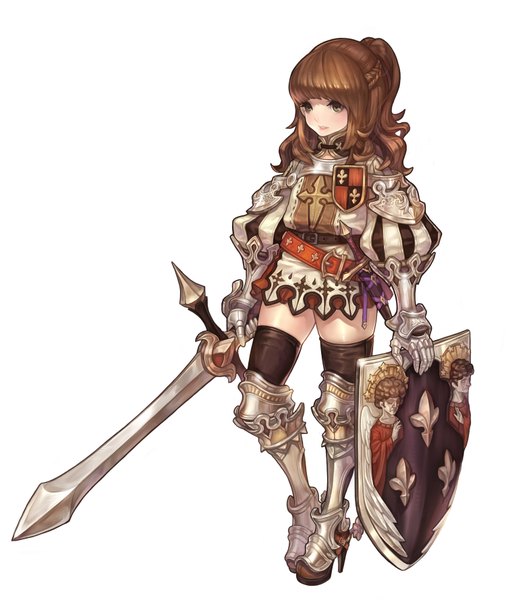 Anime picture 1500x1778 with original olivia (yh) single long hair tall image simple background brown hair white background green eyes girl sword armor shield