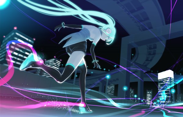 Anime picture 2255x1447 with vocaloid hatsune miku urbandusk single long hair highres twintails bare shoulders looking back aqua eyes aqua hair city glowing running girl gloves elbow gloves shorts headphones