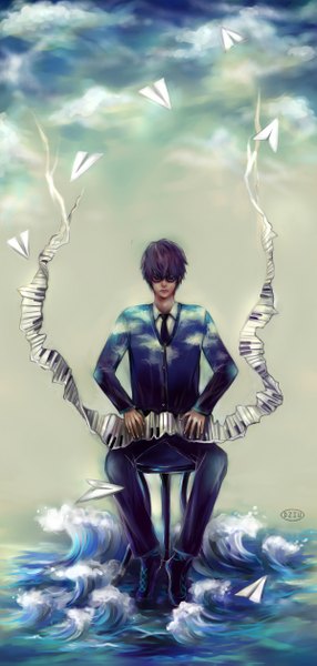 Anime picture 1200x2517 with original dziu09 single tall image short hair sitting signed sky cloud (clouds) eyes closed boy glasses necktie paper airplane