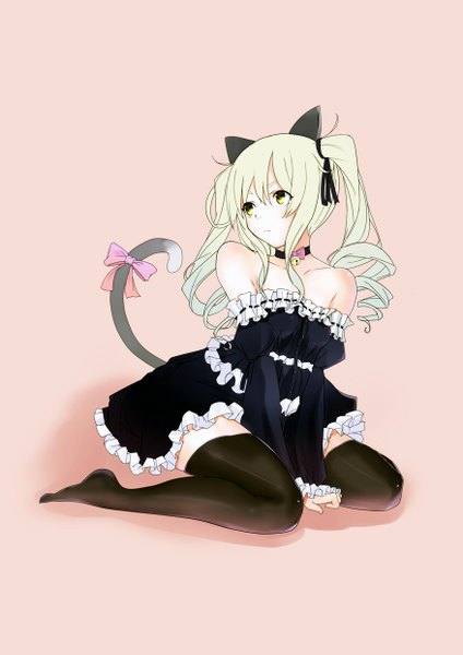Anime picture 877x1240 with original kagerou (shadowmage) single long hair tall image twintails bare shoulders animal ears yellow eyes white hair tail animal tail cat ears cat girl cat tail drill hair girl thighhighs dress black thighhighs