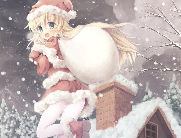 Anime picture 1314x1000 with original francis (ohne) single long hair blush fringe open mouth blonde hair hair between eyes green eyes bent knee (knees) fur trim snowing christmas winter smoke snow exhalation merry christmas girl