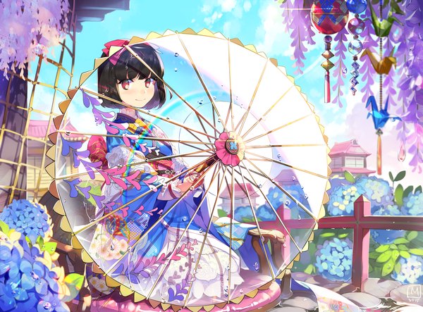 Anime picture 3000x2216 with original mansu single looking at viewer blush highres short hair black hair smile sitting holding sky long sleeves traditional clothes japanese clothes pink eyes sunlight wide sleeves kneeling floral print