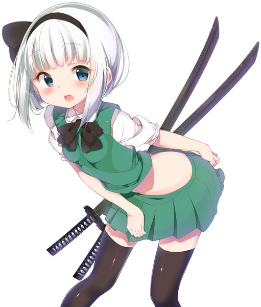 Anime picture 2005x2355 with touhou konpaku youmu kayahara (kayaka) single tall image blush fringe highres short hair open mouth blue eyes simple background white background looking away silver hair bare belly girl thighhighs skirt bow
