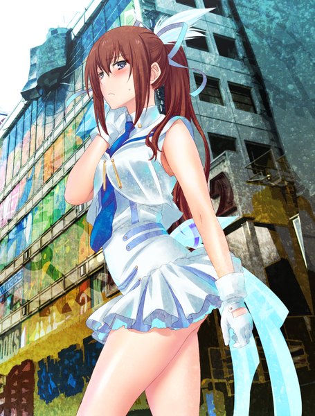 Anime picture 1139x1500 with steins;gate white fox makise kurisu shoumaru (gadget box) single long hair tall image blush blue eyes brown hair ponytail ayase eli (cosplay) girl dress gloves ribbon (ribbons) hair ribbon necktie elbow gloves