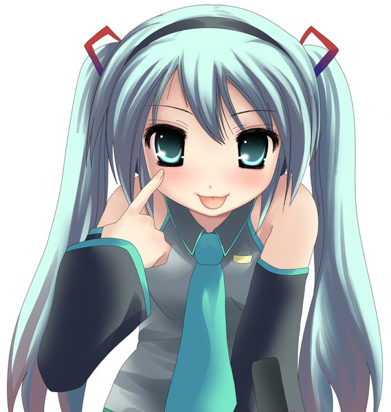 Anime picture 1896x2000 with vocaloid hatsune miku namamo nanase single long hair tall image looking at viewer blush highres simple background white background twintails aqua eyes aqua hair :p akanbe girl detached sleeves necktie