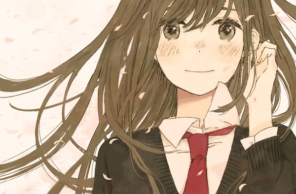Anime picture 1300x855 with hinao (flowerrabbit2348) single long hair looking at viewer blush fringe simple background smile brown hair brown eyes fingernails girl shirt petals necktie