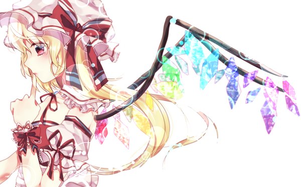 Anime picture 1775x1108 with touhou flandre scarlet gingetsu ringo highres short hair simple background blonde hair red eyes wide image white background profile girl dress wings crystal