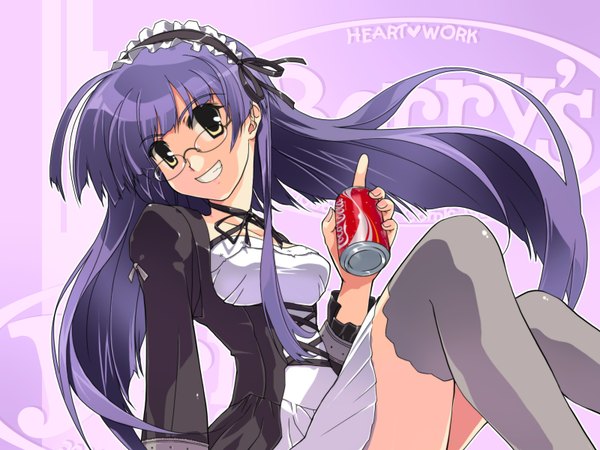 Anime picture 1600x1200 with berry's coca-cola veryberry (artbook) tsukahara yukino sasaki mutsumi single long hair looking at viewer smile sitting yellow eyes purple hair purple background girl thighhighs glasses bonnet soda