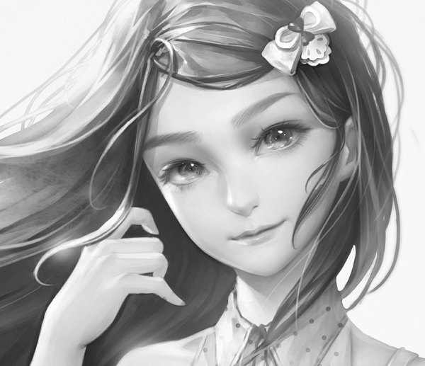 Anime picture 1188x1025 with original orry single long hair looking at viewer smile head tilt lips realistic monochrome light close-up girl hair ornament hairclip