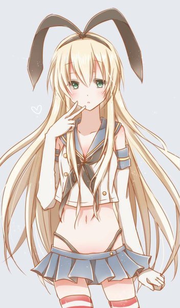 Anime picture 605x1029 with kantai collection shimakaze destroyer long hair tall image looking at viewer blush simple background blonde hair standing green eyes pleated skirt grey background zettai ryouiki girl thighhighs skirt gloves miniskirt elbow gloves white gloves
