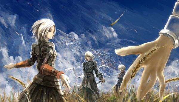 Anime picture 1920x1096 with kentarou highres wide image sky white hair blue background skirt weapon sword armor