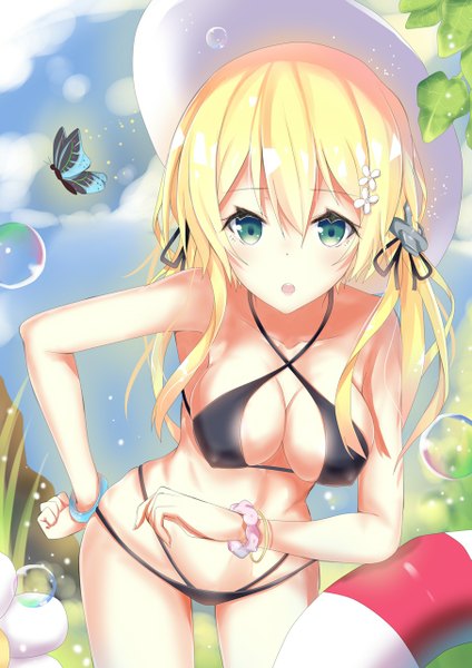 Anime picture 905x1280 with kantai collection prinz eugen (kantai collection) seedkeng single long hair tall image looking at viewer fringe light erotic blonde hair twintails nipples aqua eyes leaning alternate costume leaning forward hand on hip low twintails summer girl