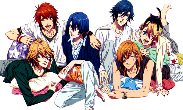 Anime picture 1476x892 with uta no prince-sama a-1 pictures jinguji ren hijirikawa masato ichinose tokiya ittoki otoya kurusu shou shinomiya natsuki aijima cecil gikwang long hair looking at viewer fringe short hair open mouth blue eyes blonde hair smile red eyes brown hair