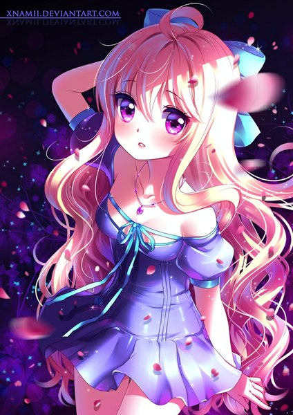 Anime picture 566x800 with original nami (nyaa) single long hair tall image looking at viewer blush fringe breasts blonde hair purple eyes bare shoulders girl dress bow hair bow choker