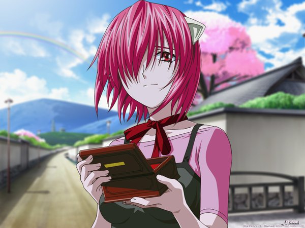 Anime picture 1600x1200 with elfen lied arms corporation lucy lynn okamoto (artist) single short hair red eyes pink hair sky cloud (clouds) pointy ears mountain third-party edit girl dress plant (plants) tree (trees) box rainbow