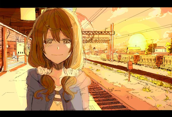 Anime picture 1379x940 with original vocaloid vient single long hair looking at viewer blush smile brown hair twintails brown eyes tears low twintails evening sunset girl sun train station railways railroad tracks