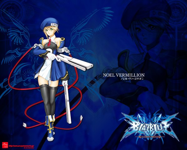 Anime picture 1280x1024 with blazblue noel vermillion short hair blonde hair green eyes zoom layer girl thighhighs weapon black thighhighs hat boots gun