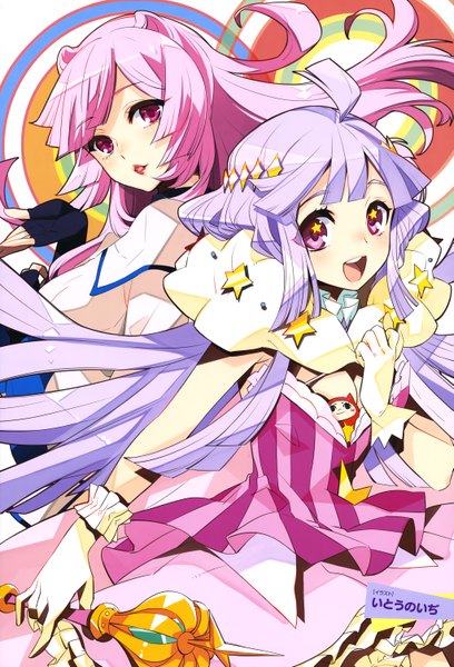Anime picture 4090x6015 with concrete revolutio hoshino kikko kino emi tall image looking at viewer highres open mouth purple eyes multiple girls pink hair absurdres purple hair very long hair official art girl dress gloves 2 girls white gloves