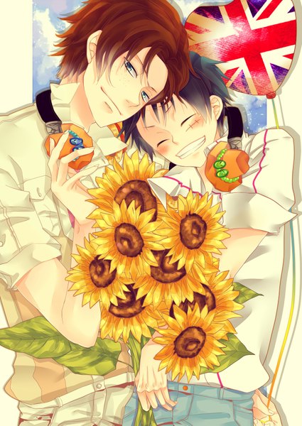 Anime picture 2507x3541 with one piece toei animation monkey d. luffy portgas d. ace togashi (choco-bakama kitchen) tall image blush highres short hair blue eyes black hair smile brown hair eyes closed multiple boys scar headphones around neck freckles boy flower (flowers)