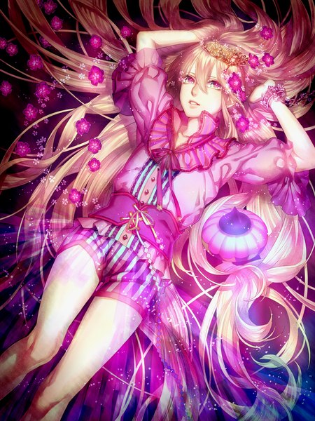 Anime picture 1446x1929 with original tayuya1130 single long hair tall image looking at viewer fringe open mouth blonde hair green eyes lying very long hair hair flower from above arms up teeth glowing striped girl hair ornament