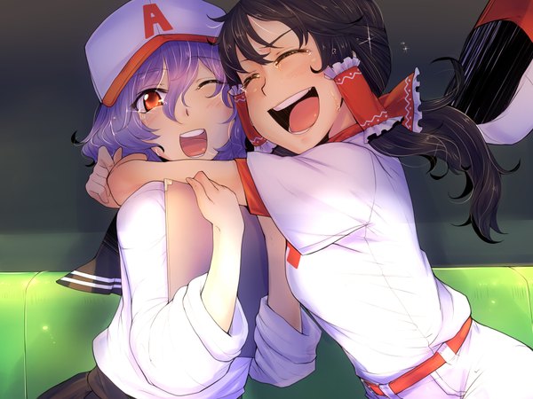 Anime picture 4000x3000 with touhou hakurei reimu remilia scarlet bakuya long hair blush highres short hair open mouth black hair red eyes multiple girls absurdres purple hair eyes closed one eye closed wink hug girl 2 girls