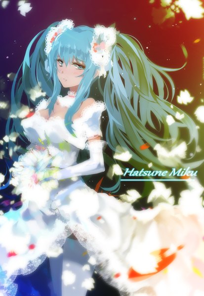 Anime picture 980x1424 with vocaloid hatsune miku bba1985 single tall image fringe hair between eyes twintails very long hair aqua eyes aqua hair girl thighhighs dress gloves flower (flowers) petals white thighhighs elbow gloves white gloves