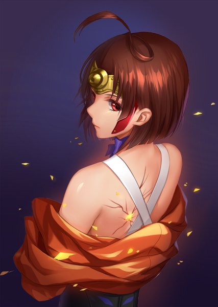 Anime picture 1000x1404 with koutetsujou no kabaneri wit studio mumei (kabaneri) moyu single tall image short hair red eyes brown hair looking back back dark background girl hair ornament