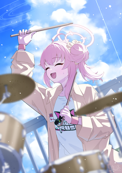 Anime picture 2894x4093 with blue archive natsu (blue archive) natsu (band) (blue archive) fukujin single long hair tall image highres open mouth pink hair sky cloud (clouds) ahoge eyes closed hair bun (hair buns) official alternate costume ^ ^ ^o^ playing instrument girl