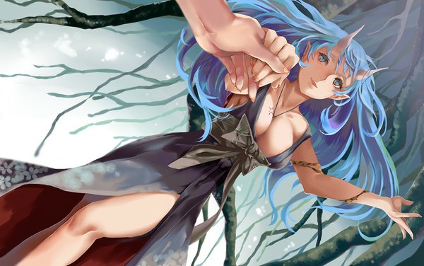 Anime picture 1000x627 with original viola (seed) long hair fringe blue eyes light erotic holding blue hair cleavage horn (horns) fingernails light smile lips pointy ears no bra from below legs holding hands walking oni horns