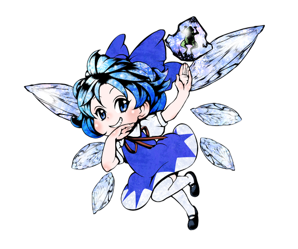 Anime picture 1800x1500 with touhou cirno azito7 single looking at viewer blush highres short hair blue eyes smile blue hair transparent background girl thighhighs dress bow hair bow white thighhighs wings ice