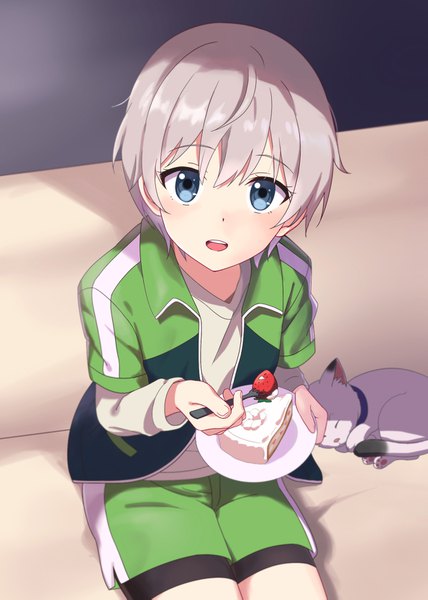 Anime picture 1190x1667 with yahari ore no seishun love comedy wa machigatteiru. brains base (studio) totsuka saika oriki tomoko single tall image looking at viewer fringe short hair open mouth blue eyes sitting silver hair :d from above otoko no ko androgynous boy uniform animal