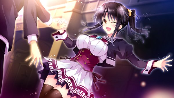 Anime picture 1920x1080 with golden marriage ensemble (studio) shimakage ruri long hair blush highres open mouth black hair wide image twintails brown eyes game cg one eye closed wink couple girl thighhighs dress boy uniform