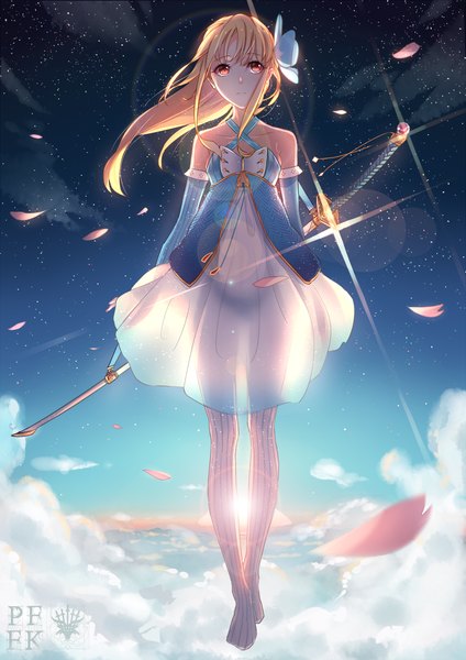 Anime picture 1000x1414 with original pixiv fantasia pixiv fantasia fallen kings phantania single long hair tall image light erotic blonde hair looking away sky cloud (clouds) wind lens flare flying fantasy logo see-through silhouette girl bow