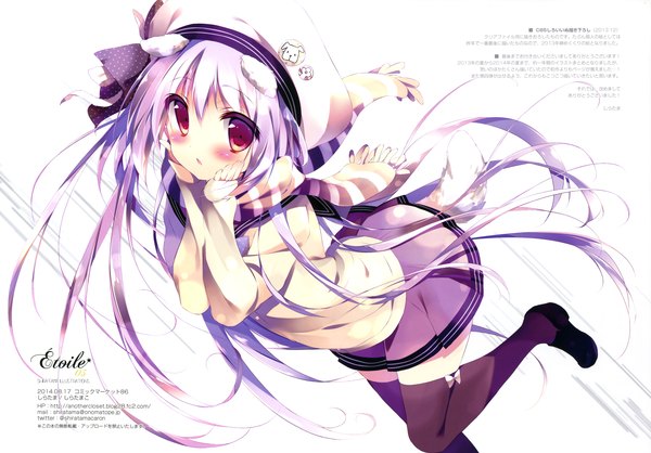 Anime picture 5021x3500 with original shiratama (shiratamaco) single long hair looking at viewer blush highres red eyes white background absurdres purple hair scan girl thighhighs skirt black thighhighs scarf beret striped scarf
