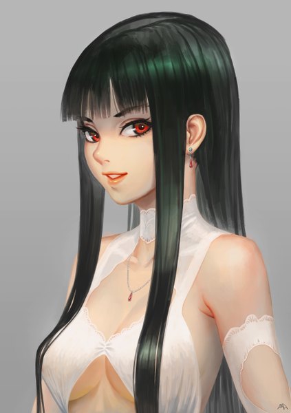 Anime picture 1748x2480 with original darkmuleth single long hair tall image looking at viewer fringe highres light erotic black hair simple background smile red eyes bare shoulders signed upper body blunt bangs grey background no bra lipstick
