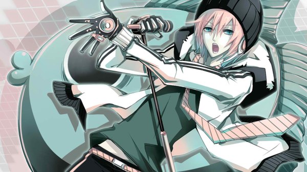 Anime picture 1280x720 with vocaloid vy2 66 (roro) manbou no ane single highres short hair open mouth blue eyes wide image pink hair open clothes open jacket official art boy gloves necktie microphone microphone stand