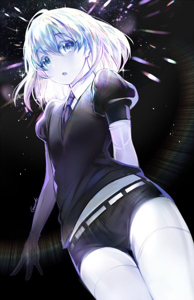Anime picture 647x1000 with houseki no kuni diamond (houseki no kuni) gendo0032 single tall image fringe short hair open mouth hair between eyes signed silver hair ahoge sparkle from below zettai ryouiki puffy sleeves black background silver eyes shiny androgynous
