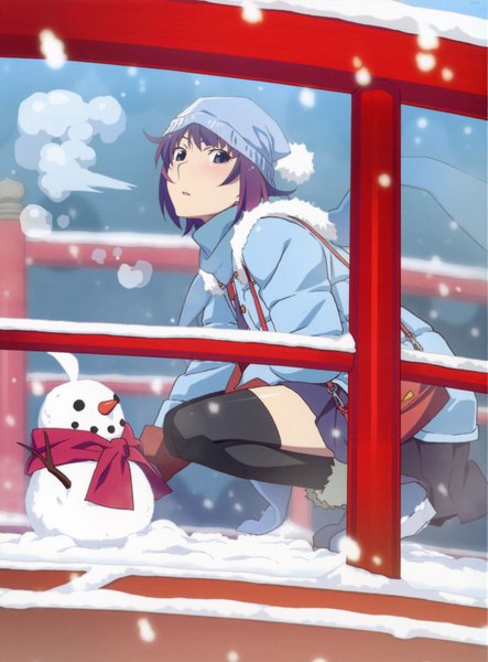 Anime picture 3282x4440 with bakemonogatari shaft (studio) monogatari (series) senjougahara hitagi watanabe akio single tall image looking at viewer highres short hair blue eyes absurdres outdoors head tilt pleated skirt official art alternate costume zettai ryouiki snowing winter