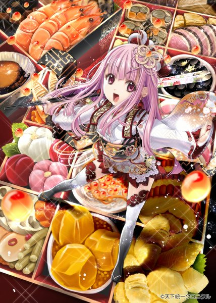 Anime picture 745x1044 with original sumomo kpa single long hair tall image looking at viewer open mouth pink hair pink eyes girl thighhighs dress hair ornament food chopsticks