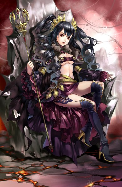 Anime picture 1271x1946 with original chushengdao long hair tall image breasts light erotic black hair red eyes sitting drill hair girl navel hair ornament thigh boots staff